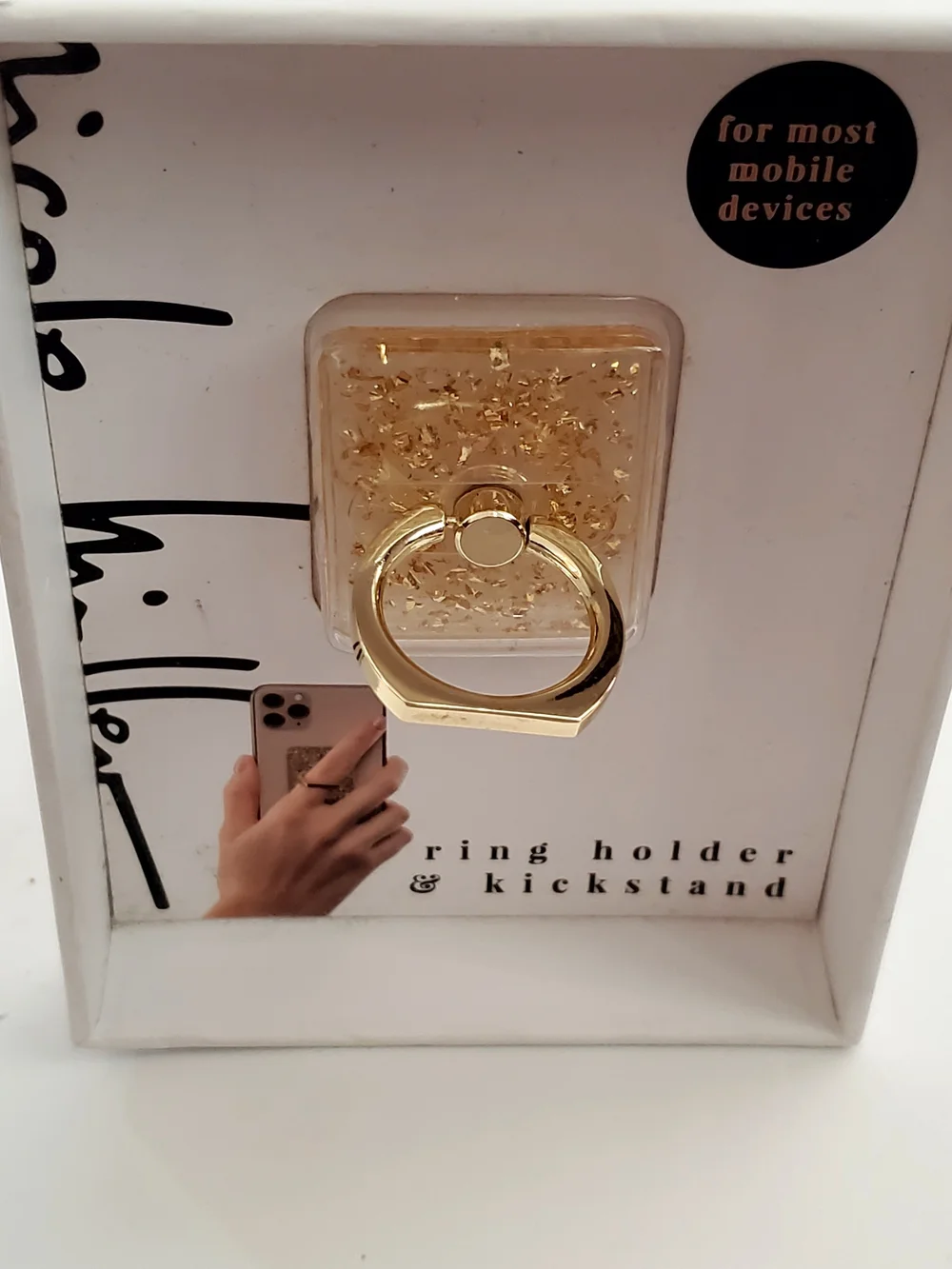 Nicole Miller Gold-Tone Ring Phone Grip & Stand with Embedded Gold Flakes NEW